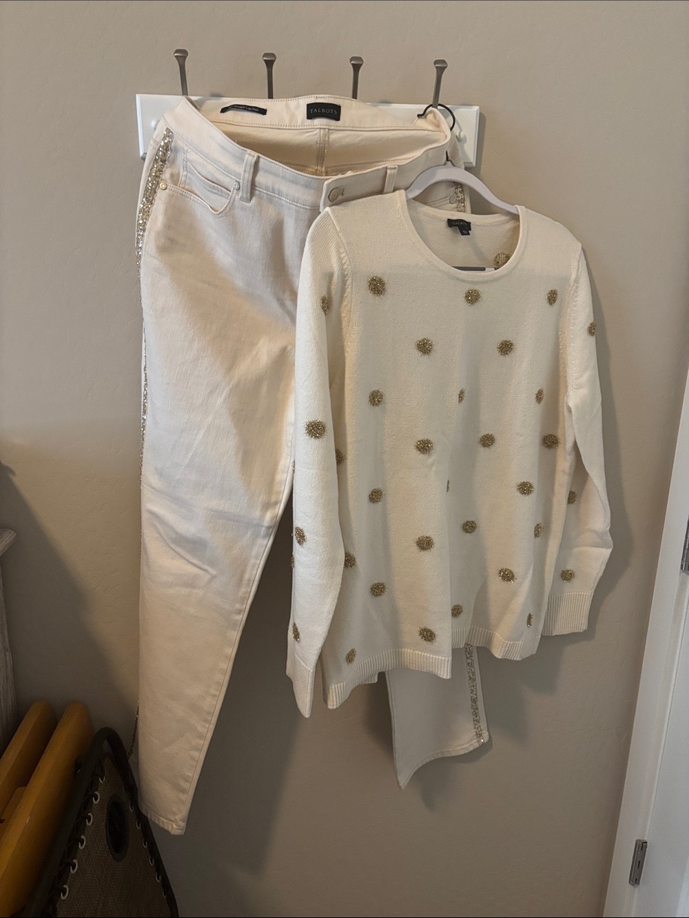 Talbots Cream Crewneck Sweater with Gold Dot Detail and pants with side sequins